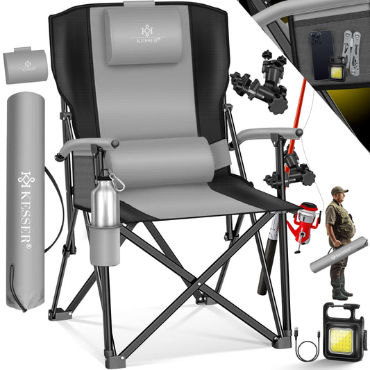 KESSER® Camping chair foldable up to 160 kg | Fishing chair Folding chair Padded with armrests | Camping light and cup holder + bag with high backrest | Beach chair with fishing rod holder