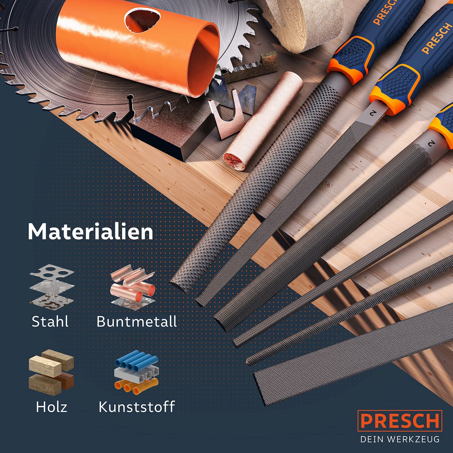 6-piece metal and wood file set with roll-up case - High-quality professional file set with cut 2 including half-round rasp, flat blunt file, half-round file, round file, triangular file, and square file.