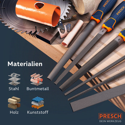 6-piece metal and wood file set with roll-up case - High-quality professional file set with cut 2 including half-round rasp, flat blunt file, half-round file, round file, triangular file, and square file.
