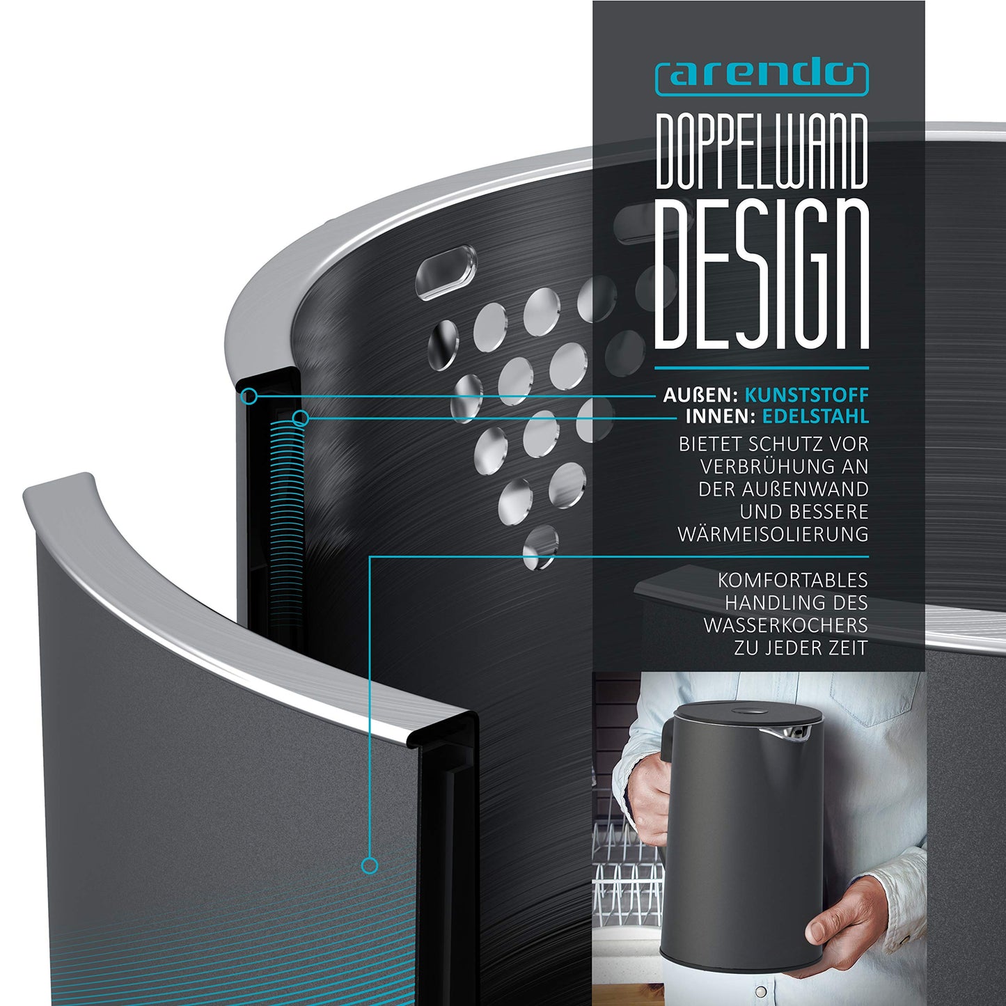 Arendo - Stainless Steel Kettle with Temperature Control 40-100 degrees in 5 degree increments - Double Wall Design - Model ELEGANT - 1.5 Liters - 2200 W - Tea Kettle with Temperature Display - GS - Cool Grey