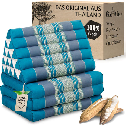 livasia Thai cushion 3 layers extra high - 185x55x8cm - triangular cushion with folding mattress, kapok, jumbo backrest pillow foldable, Thai mat folds, handmade, meditation cushion (light blue)