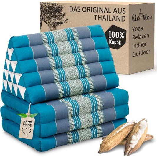 livasia Thai cushion 3 layers extra high - 185x55x8cm - triangular cushion with folding mattress, kapok, jumbo backrest pillow foldable, Thai mat folds, handmade, meditation cushion (light blue)