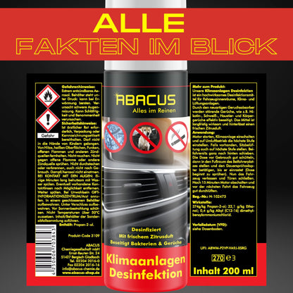 ABACUS® Air Conditioning Disinfection, Air Conditioning Cleaner for Cars, Auto Air Conditioning Disinfection, Climate Disinfection, Disinfection and Cleaning for Air Conditioning Systems, Air Conditioning Disinfection 2x 200ml (7301)