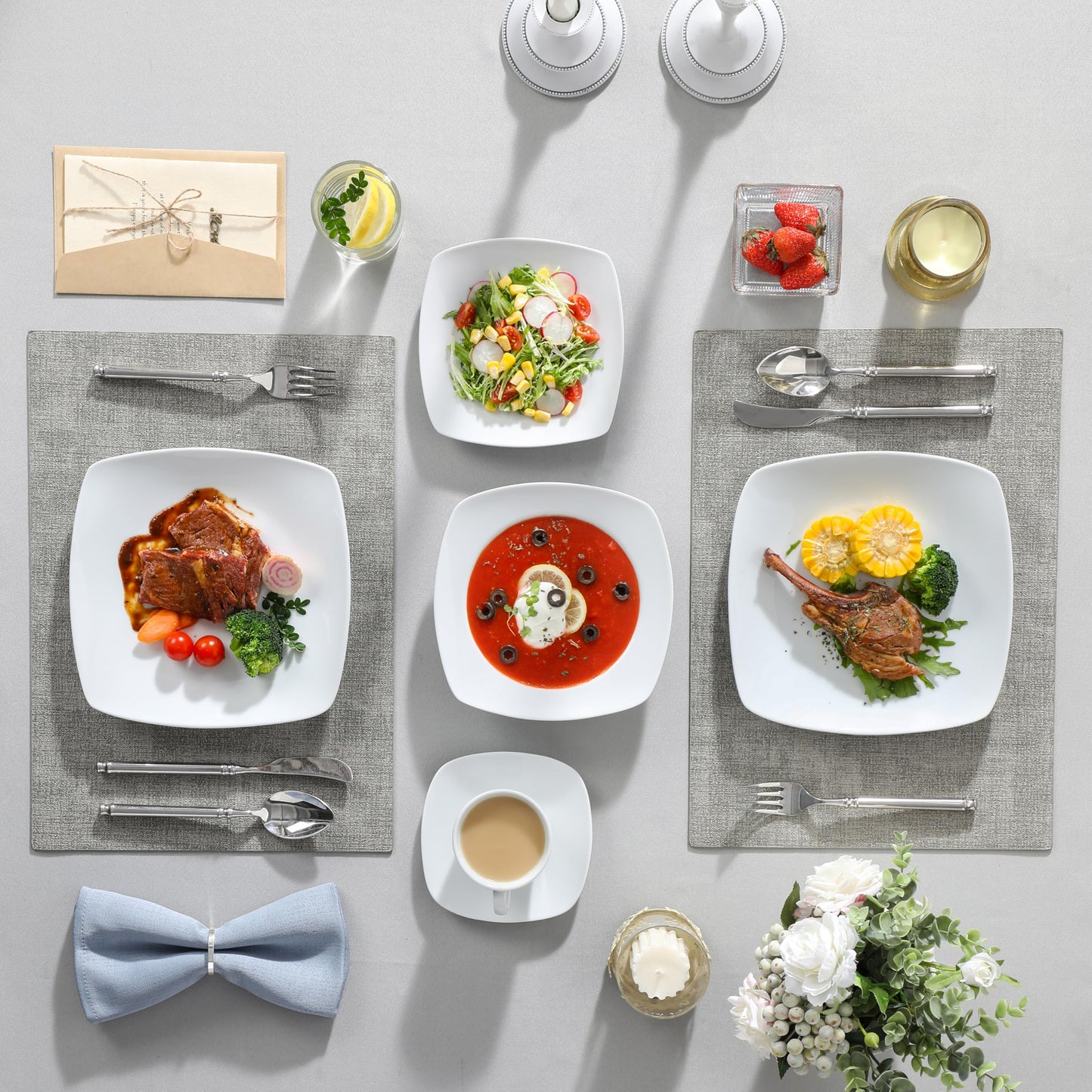 MALACASA, Julia series, tableware set for 12 people, 60 pieces porcelain dinnerware set. Includes dinner plates, dessert plates, soup plates, coffee cups, and saucers, 12 pieces each.