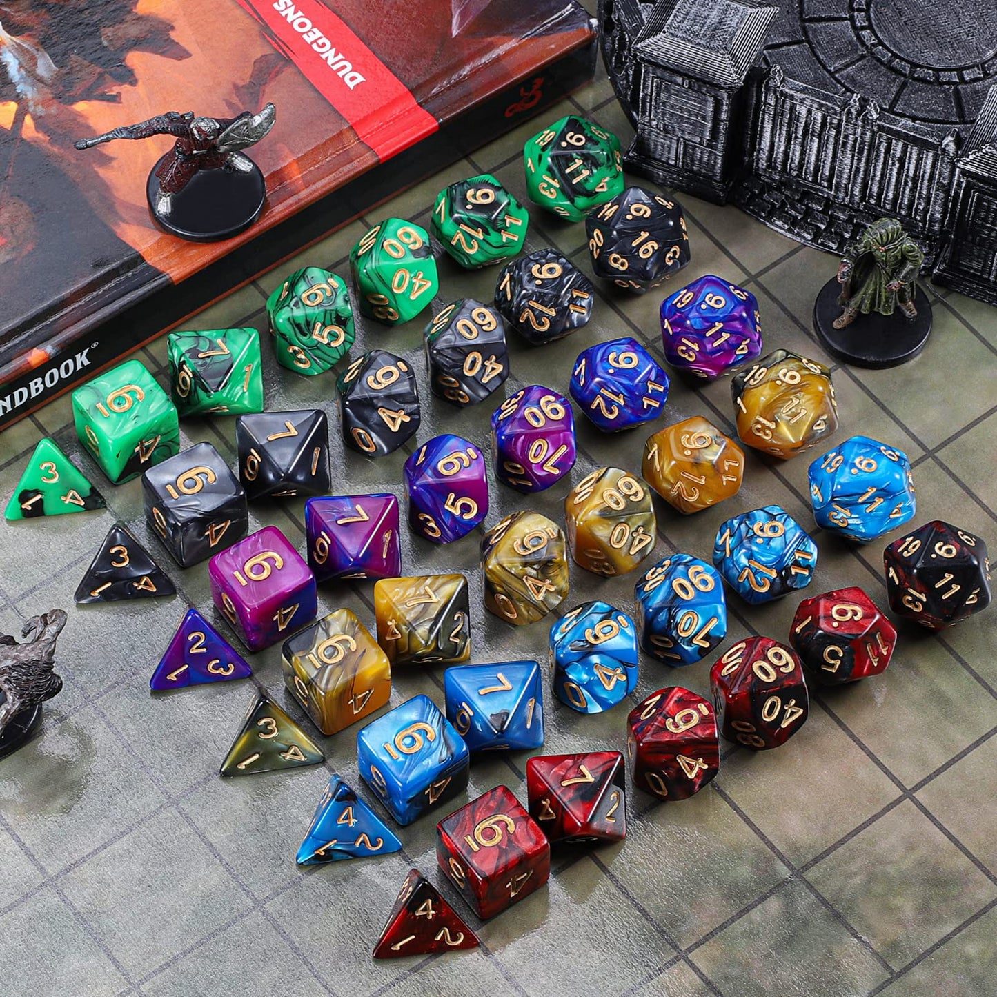 iFergoo Polyhedral Dice Set, 6 x 7 (42 Pieces) Color Game Dice with 6 Black Drawstring Bags for Dungeons and Dragons DND RPG MTG Tabletop Games, 6 Sets of D4 D6 D8 D10 D% D12 D20