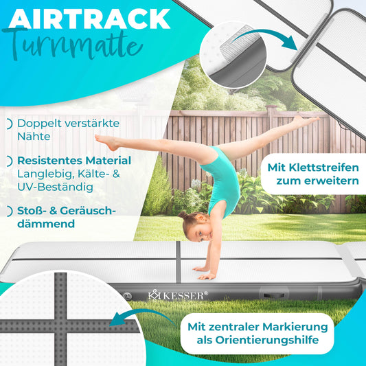 KESSER® inflatable Airtrack fitness mat gymnastics mat | incl. carrying bag & electric air pump | yoga mat, tumbling mats, training mat (anthracite, 300 x 100 x 10 cm)