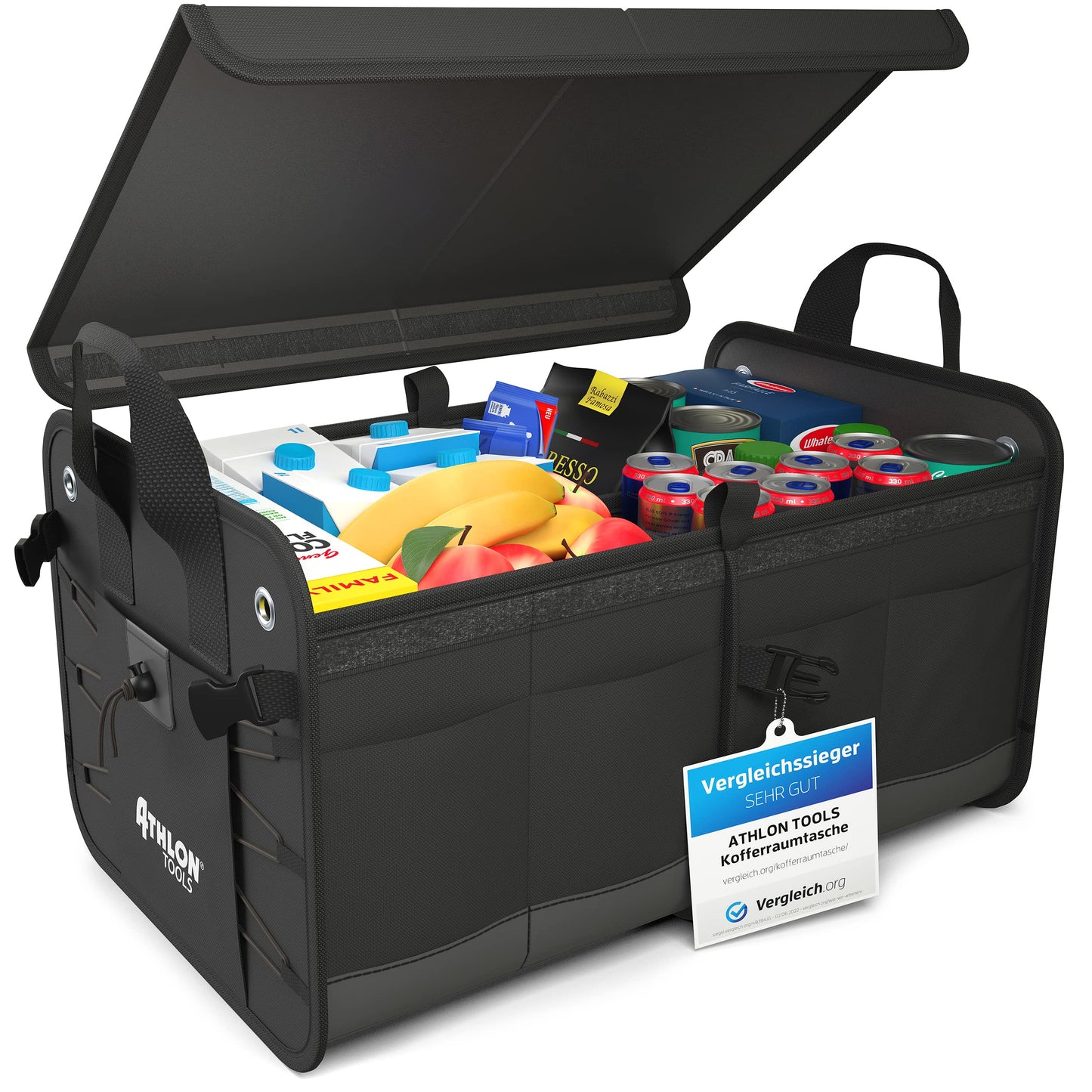 ATHLON TOOLS Premium trunk bag with lid - 60 liter XXL trunk organizer - extra sturdy & waterproof bottoms - food-safe - with anti-slip velcro