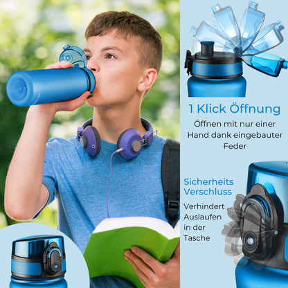 My Vesperbox - Minny - Kids Water Bottle - Personalized with your name - 500, 750, 1000ml incl. straw or sieve - BPA free - for kindergarten, school, sports, leisure (Blue 500ml)