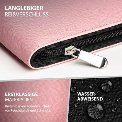 Vebon® A4 Ringbinder Portfolio "Berlin" with zipper and clipboard. Conference folder + laptop case with extra storage. Pink faux leather.