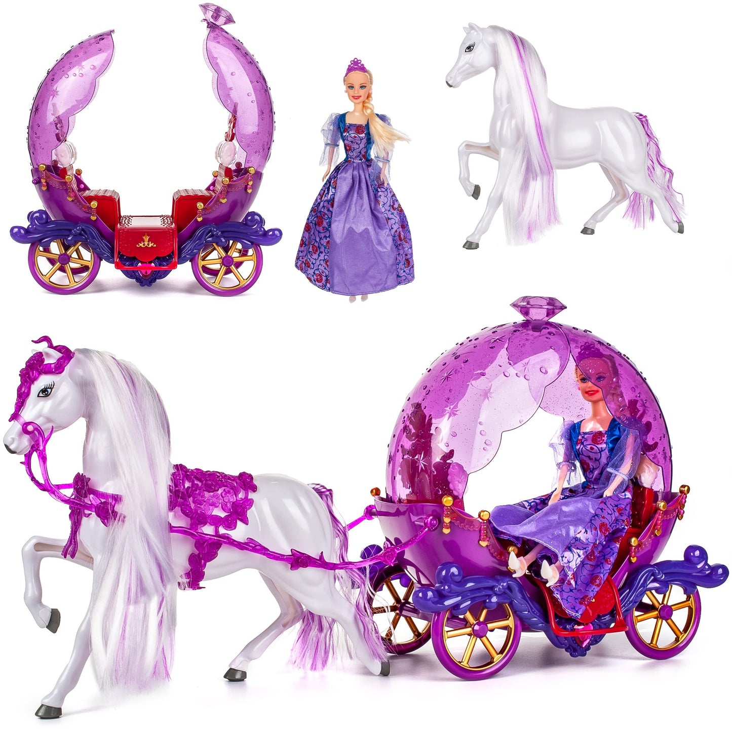 Doll carriage with horse & doll - purple for Barbie dolls - Steffi Love - LOL Surprise toy doll - Princess horse carriage - fairytale carriage.