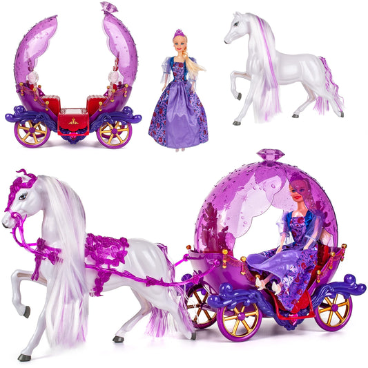 Doll carriage with horse & doll - purple for Barbie dolls - Steffi Love - LOL Surprise toy doll - Princess horse carriage - fairytale carriage.