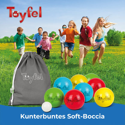 Devil Soft Boule Set for Kids - Indoor Bocce Game including 8 Boule Balls, 1 target ball, 1 carrying bag & measuring tape - Soft Bocce for parquet, tiles, carpet - Leo