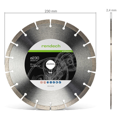 2x Professional Diamond Disc 230mm for stone, concrete, granite, bricks, and more. Diamond cutting disc with high cutting performance | rendech® brand quality.