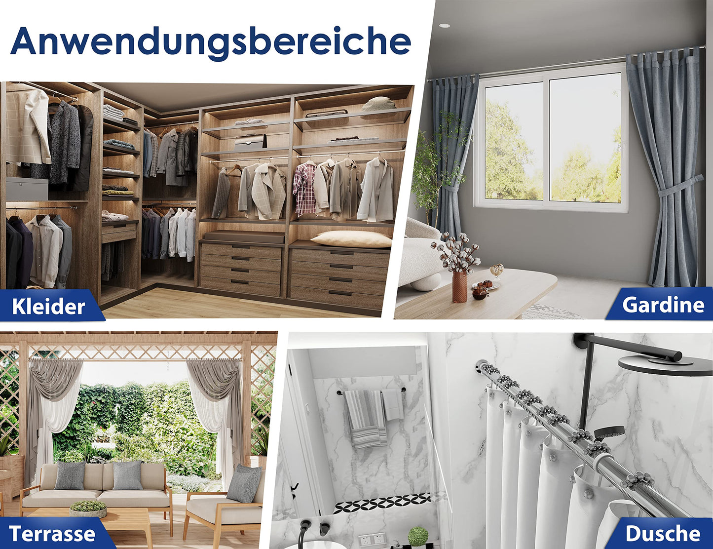MEISENBERG Shower Curtain Rod without drilling 160-210cm, Silver, Ø 25 mm, Telescopic Curtain Rod Clips - Telescopic Rod for windows, showers and partitions.