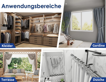 MEISENBERG Shower Curtain Rod without drilling 160-210cm, Silver, Ø 25 mm, Telescopic Curtain Rod Clips - Telescopic Rod for windows, showers and partitions.