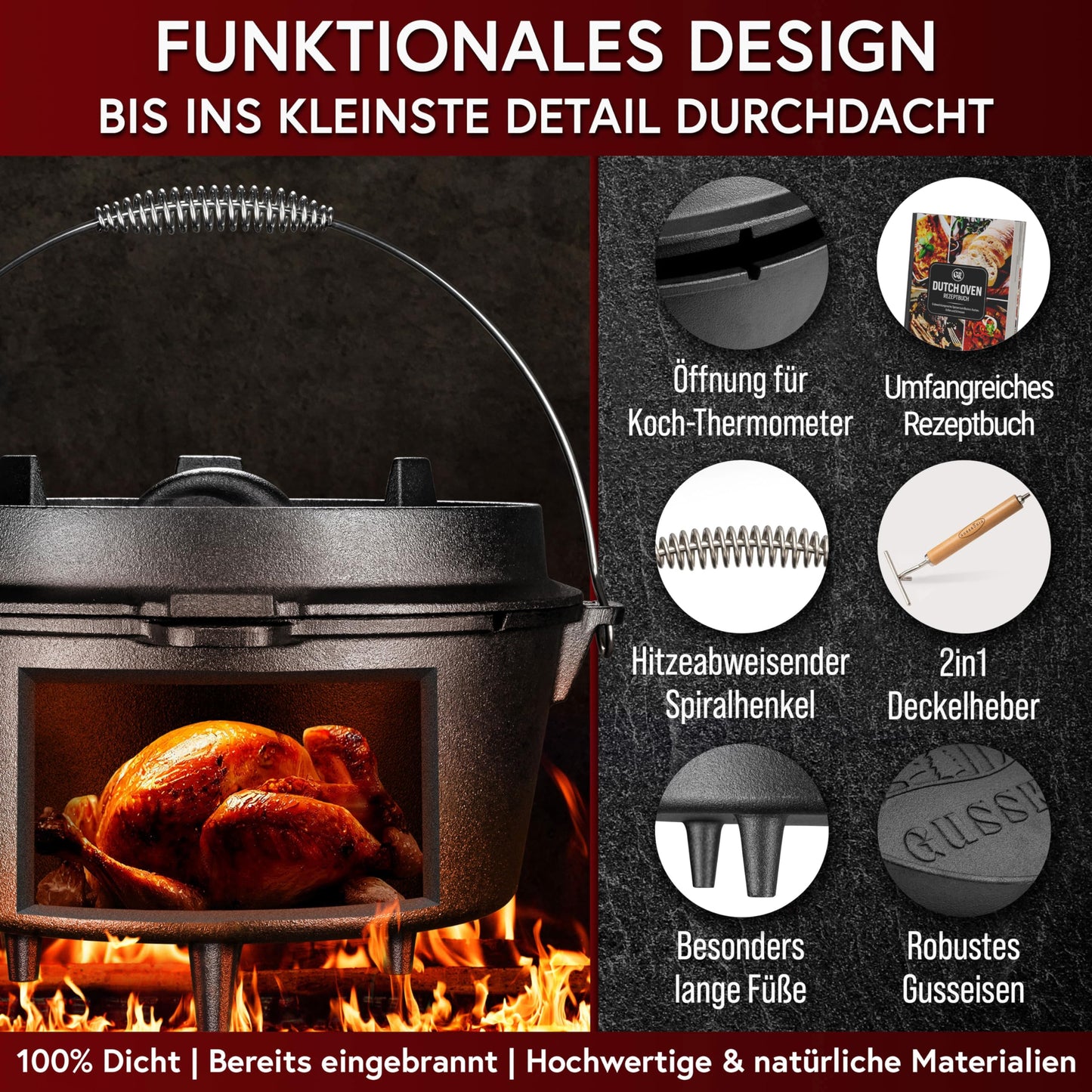 GUSSKÖNIG Dutch Oven Set - Seasoned 6 Liter Dutch Oven - Cast Iron Fire Pot with Feet - Dual Function Dutch Oven - including 2in1 Lid Lifter, Dutch Oven Recipe Book [for 2-4 people]