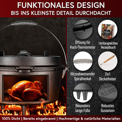GUSSKÖNIG Dutch Oven Set - Seasoned 6 Liter Dutch Oven - Cast Iron Fire Pot with Feet - Dual Function Dutch Oven - including 2in1 Lid Lifter, Dutch Oven Recipe Book [for 2-4 people]