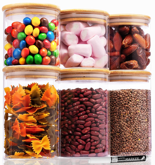 Deco House® storage jars with lid 6-pack [+LABELS] - For muesli, cornflakes, sugar, flour - Glass storage containers with airtight lid - Storage jar - Kitchen storage box