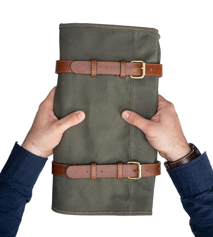 Angus Stoke XXL knife bag with 16 compartments & plenty of storage space – multifunctional & tool bag made of canvas & leather – knife roll Marc (Olive Green)