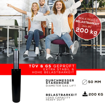 MYNEEED Office Chair Gas Spring - Gas Pressure Spring Load Capacity up to 200 kg - Gas Pressure Damper for Swivel Chair, Executive Chair, Stool, Desk Chair - Gas Spring Column Office Chair, Standpipe Length: 185 mm Black