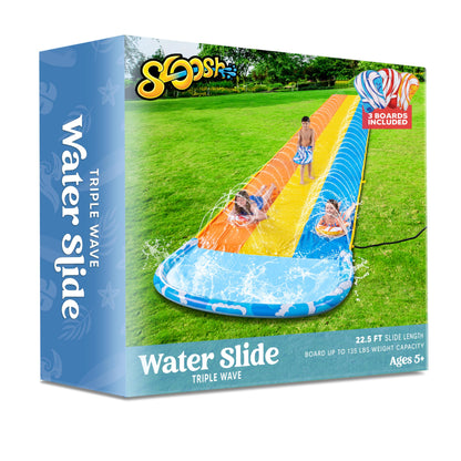 Sloosh 22.5ft x 84in/685.8*213.3cm Waves Triple Garden Water Slide, durable water slide with 3 bodyboards and sprinkler for kids and adults, summer water toy for the garden.
