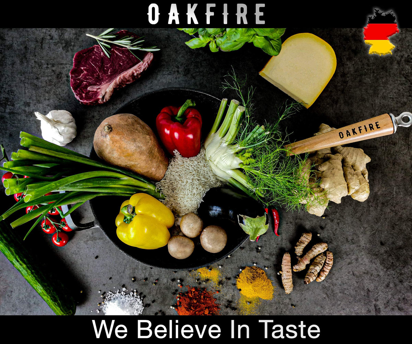 Oakfire cast iron wok pan 31cm with non-stick patina, lid & wooden handle - Large wok pan for induction - High-quality cast iron wok for induction cooker - The perfect wok for gas grill.