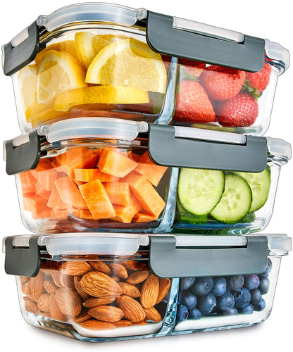 Igluu Meal Prep Glass Food Storage Containers with BPA-free lid (3-pack) - microwave, oven, freezer, dishwasher safe, leak-proof - 980 ml - with 2 compartments - durable borosilicate glass