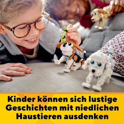 LEGO 31137 Creator 3in1 Cute Dogs Set with dachshund, pug, poodle figures and more, toy for kids 7+, gift for dog lovers.