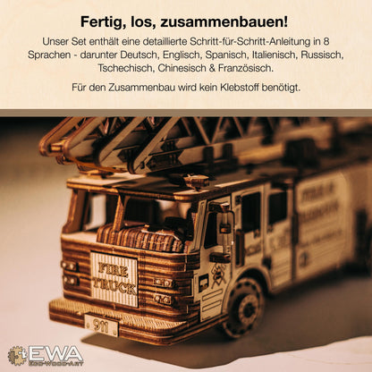 MagicWood - Mechanical 3D Puzzle Wood Fire Truck - DIY wooden puzzle kit for adults & kids - model kit to assemble without tools & glue - wooden construction kit