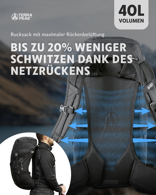 Terra Peak - Hiking Backpack Airant 40 Backpack for Women & Men black large Trekking backpack for hiking and camping with ventilated mesh back and hydration system preparation unisex Backpack lightweight