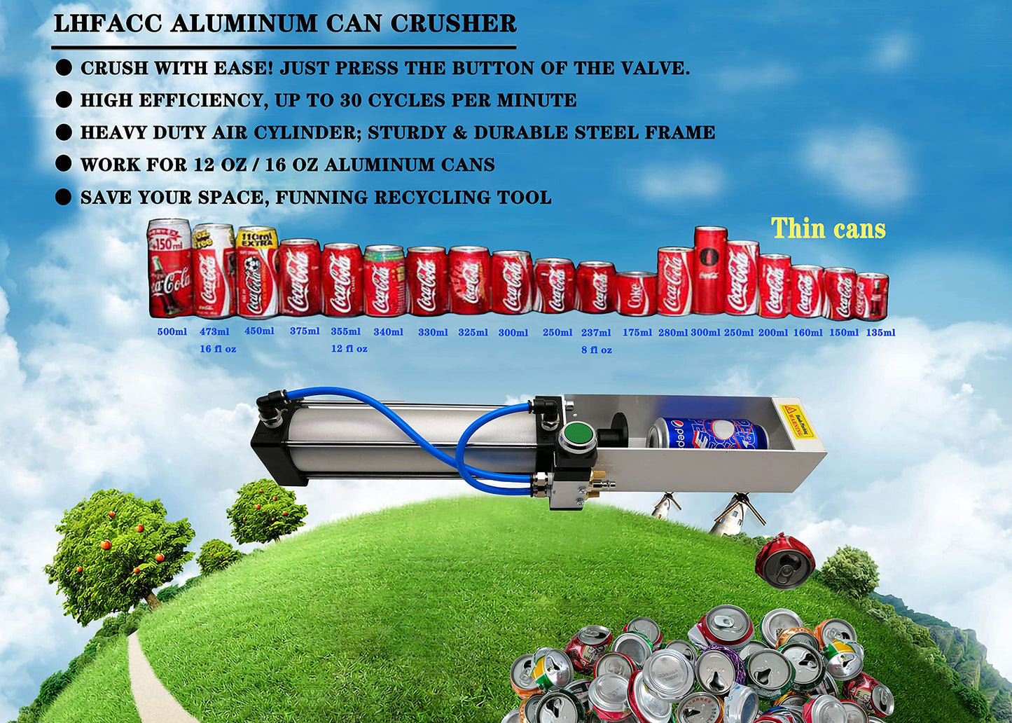 Pneumatic cylinder can crusher, sturdy, efficient, for soda cans, environmentally friendly recycling tool for aluminum cans (manual button valve)