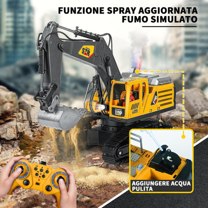 FUYLEY Remote Control Toy for Boys, Metal Shovel for 14K RC Excavator, 2.4 GHz with Sound Spray, Construction Toy RC 680° Rotation for Boys Gift