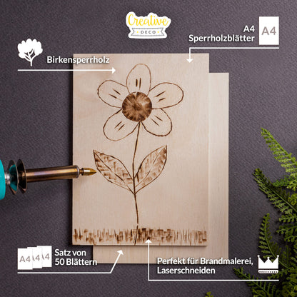 Creative Deco 50 x A4 Plywood Sheet 3mm | 300 x 210 (+/- 2) mm | Birch Plywood Thin Wood Cutouts | Perfect sheet for scroll saw, pyrography, laser cutting, CNC router, piercing.