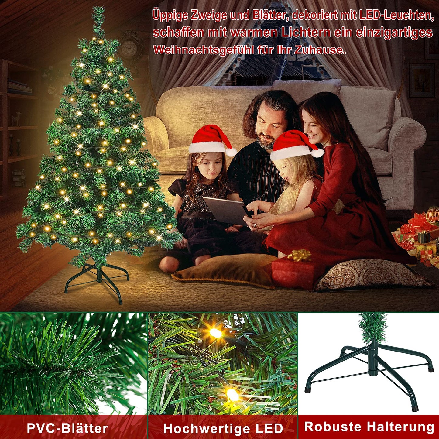 Artificial Christmas tree with lighting 180 warm white LEDs including metal stand 367 tips, PVC Christmas tree for Christmas decoration reusable (150cm, Green PVC+LED)