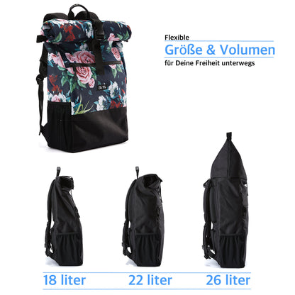 Ela Mo roll-top backpack for women - stylish and practical - laptop backpacks for women - anti-theft bag for school, college, business (Floral)