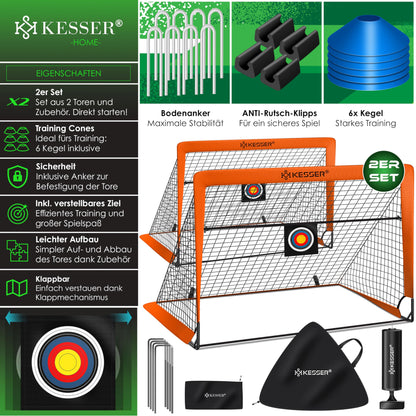 KESSER® Soccer Goal Kids Pop-Up 2er Set | Soccer Goals Foldable with Fiberglass Poles & high-quality Goal Nets for Indoor, Outdoor & Garden | With Carry Bag Cone Pump Target Orange