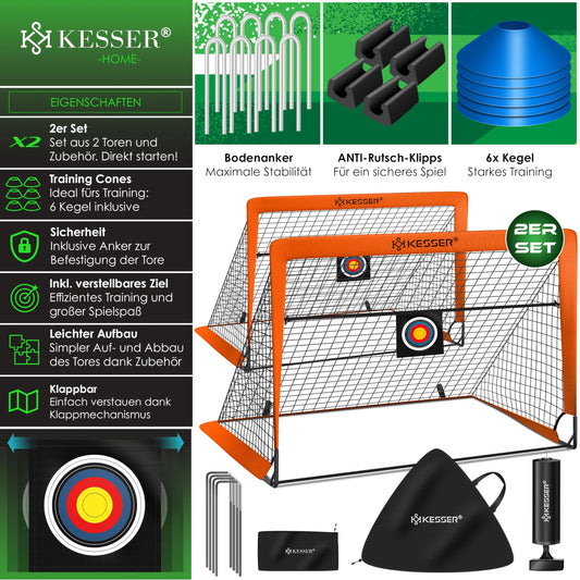 KESSER® Soccer Goal Kids Pop-Up 2er Set | Soccer Goals Foldable with Fiberglass Poles & high-quality Goal Nets for Indoor, Outdoor & Garden | With Carry Bag Cone Pump Target Orange