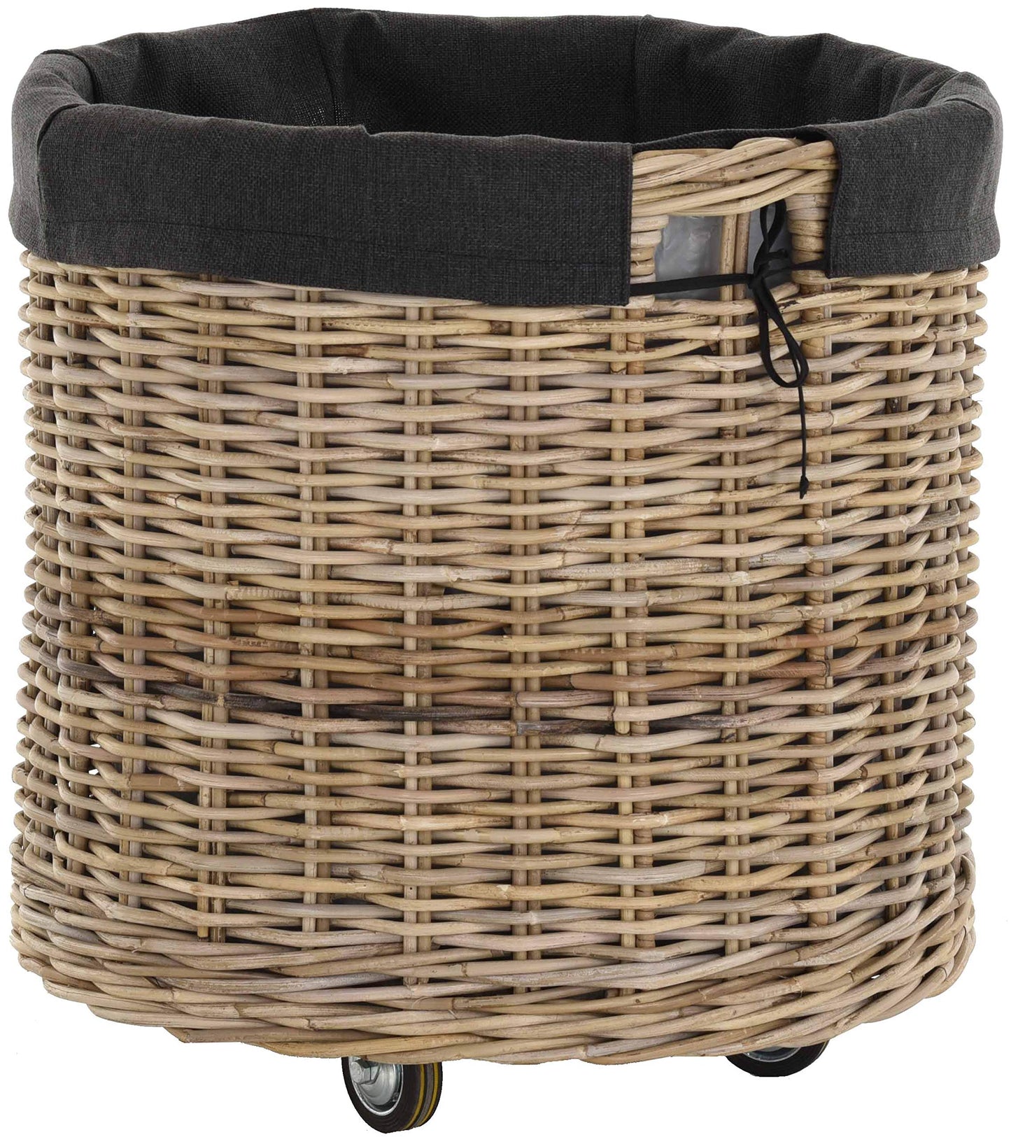 Large wheeled trolley with handles/wooden cart with wheels made of gray natural rattan/storage wood cart wheels fireplace wood basket fireplace utility basket with liner (round)