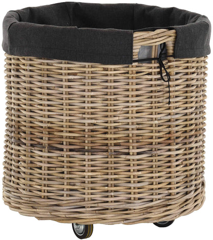 Large wheeled trolley with handles/wooden cart with wheels made of gray natural rattan/storage wood cart wheels fireplace wood basket fireplace utility basket with liner (round)