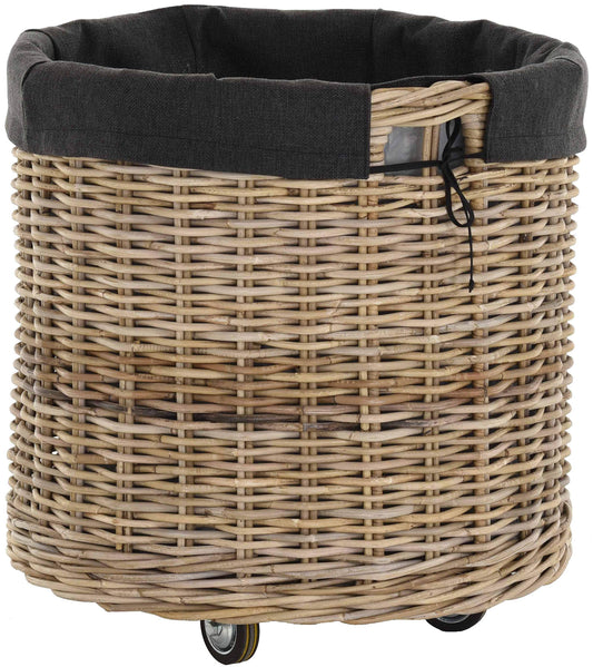 Large wheeled trolley with handles/wooden cart with wheels made of gray natural rattan/storage wood cart wheels fireplace wood basket fireplace utility basket with liner (round)