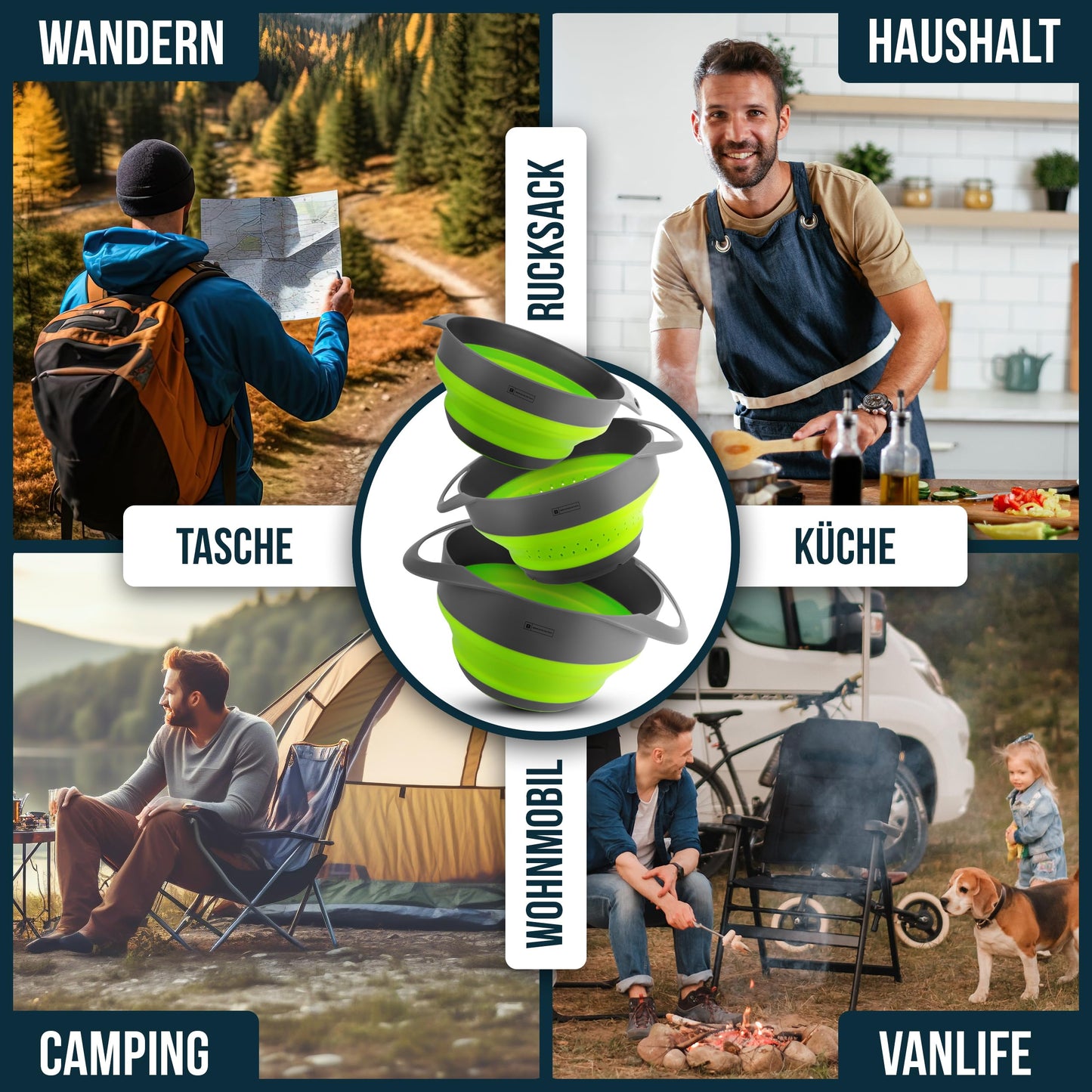 Bergmeister® Foldable Bowl Set 3in1 with Colander 1.7L / 2.8L Multifunctional Dishwasher Safe Space-saving for every home and outdoor camping kitchen