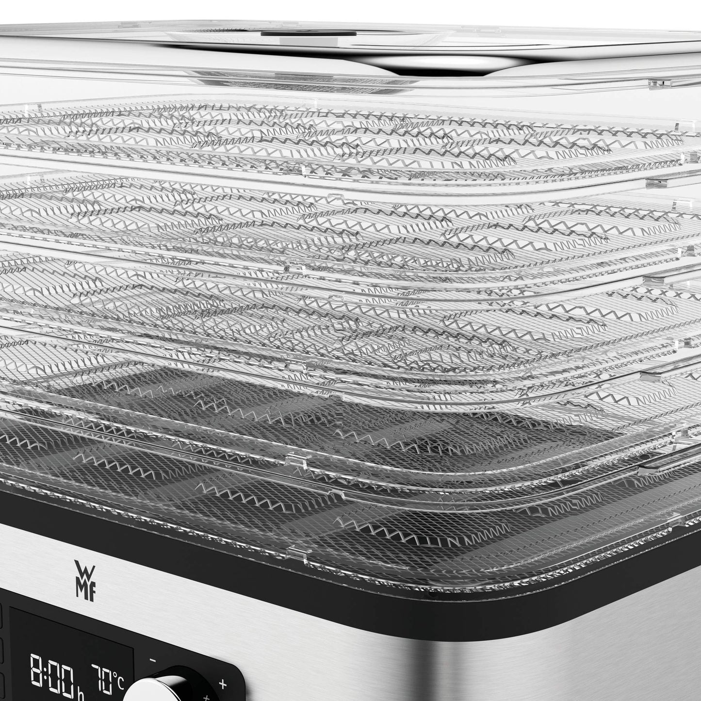 WMF Kitchen Minis stainless steel food dehydrator with 5 trays, 30-70°C temperature range, 24h timer, fruit dryer, dehydrator, 2 boxes, granola bar molds, BPA-free.