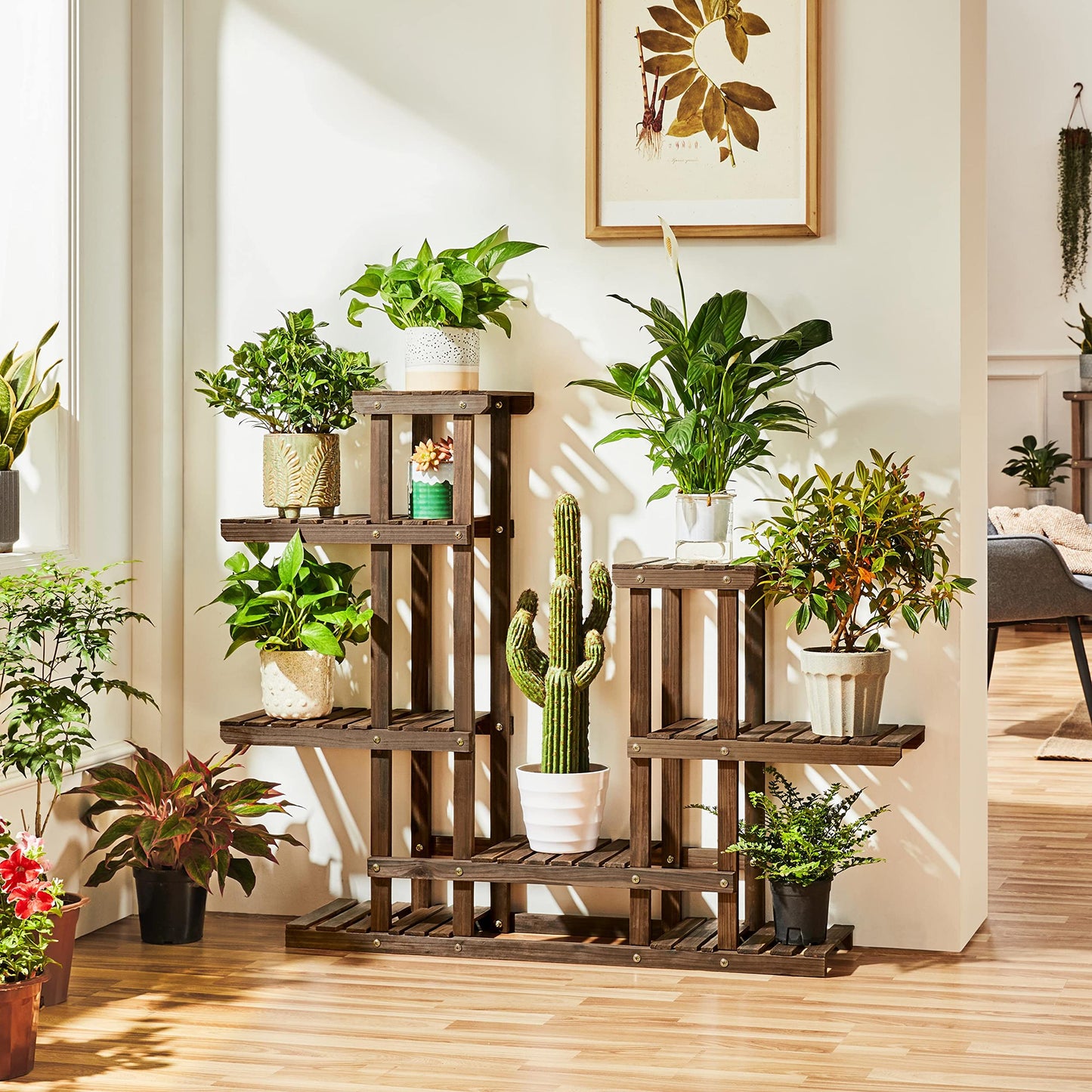 Yaheetech Wooden Plant Stand, Flower Rack Outdoor, 6-Tiered Flower Shelf, Multi-layered Plant Stand Wooden Shelf 120.5x25x96.5 cm, Flower Holder for Garden Living Room Balcony Indoor