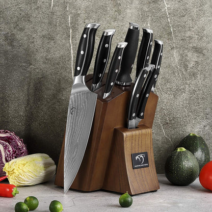 9-piece kitchen knife set sharpening for chef knife set with block, Damascus professional knife stainless steel steak knives with wooden handle kitchen knife sharpener and scissors by NanFang Brothers
