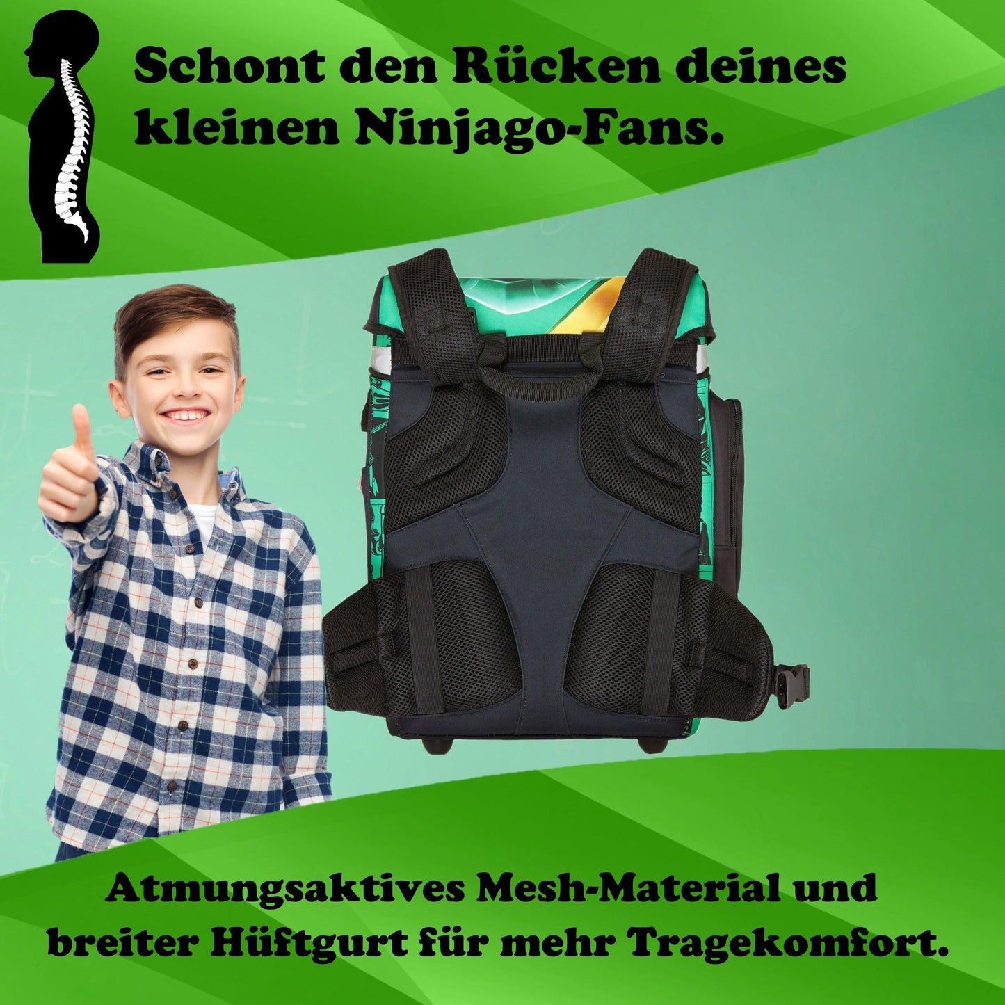 Familando Ninjago school bag set for boys with school cone 85 cm and gym bag - ergonomic, sturdy - 16 L volume, water repellent - With chest and hip belt - Complete set for 1st grade elementary school.
