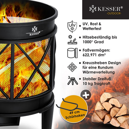 KESSER® Fire Bowl Including Cover Fire Pit with Spark Protection & Handles + Poker Fire Place 58 x 45 cm for Garden & Terrace Metal Antique Rust Look Multifunctional Fire Pit Heater BBQ Black