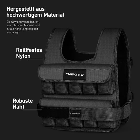 MSPORTS Weighted Vest Premium Adjustable from 5 kg - 30 kg | Running Vest for Women Men | Fitness Training Vest Strength Training (10 kg, Black)