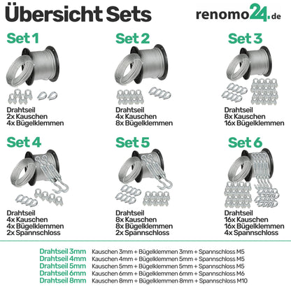 Renomo24 Wire Rope Set 6 - Steel Cable 200m 5mm 6x7 galvanized, 4x Turnbuckle Hook/Eye, 16x Wire Rope Clamps, 16x Thimbles