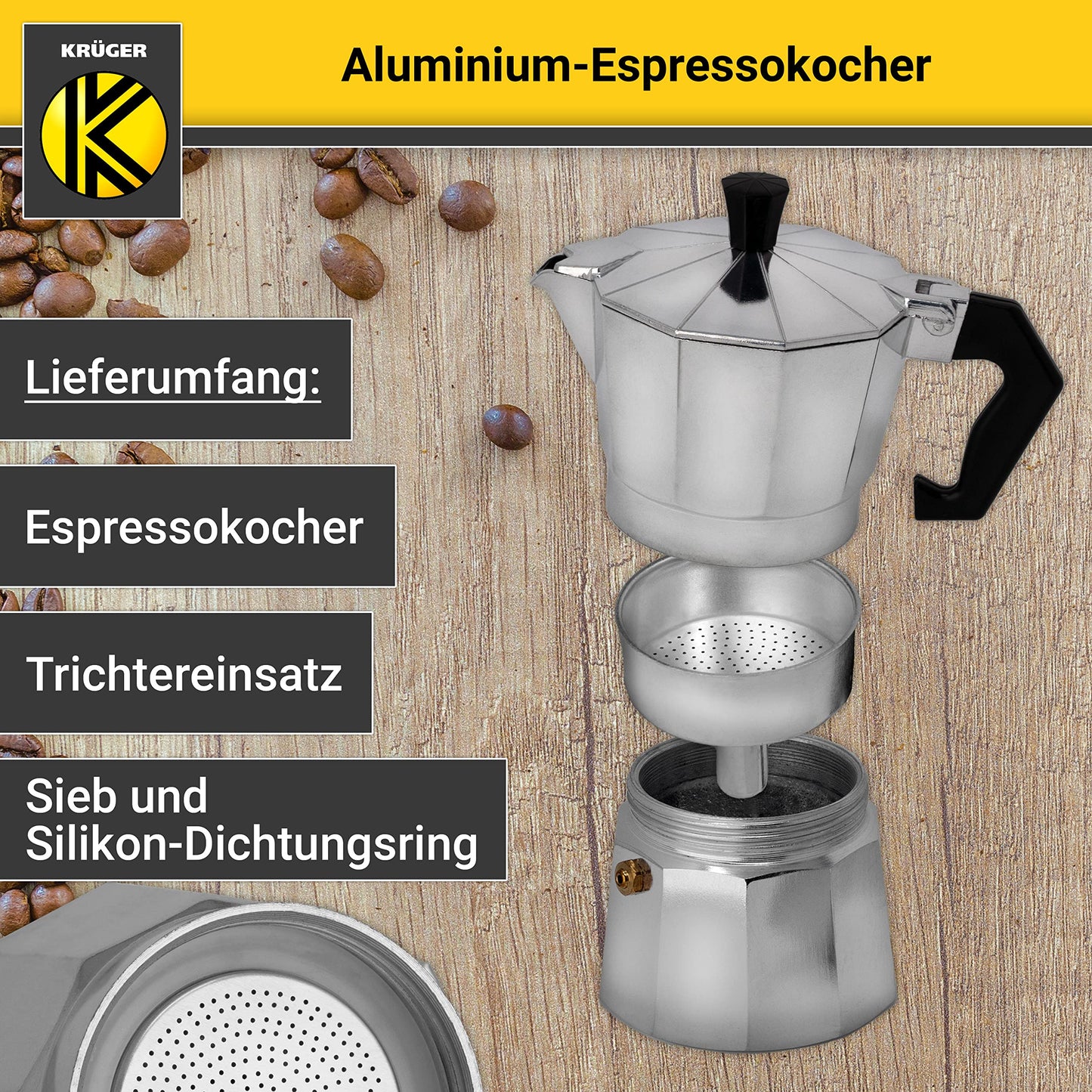 KRÜGER aluminum espresso maker with silicone seal for 1 cup - fast and easy espresso preparation - safety valve prevents overflowing - convenient handle (silver)
