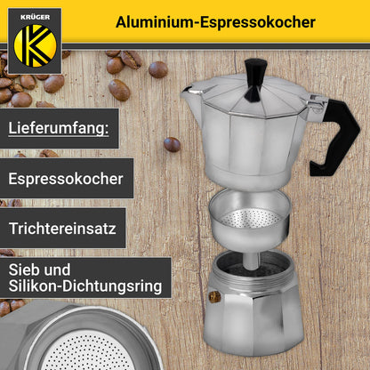 KRÜGER aluminum espresso maker with silicone seal for 1 cup - fast and easy espresso preparation - safety valve prevents overflowing - convenient handle (silver)